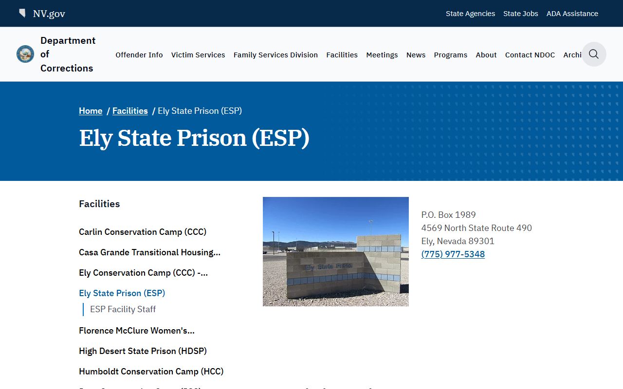NDOC Ely State Prison facility page with address and capacity information