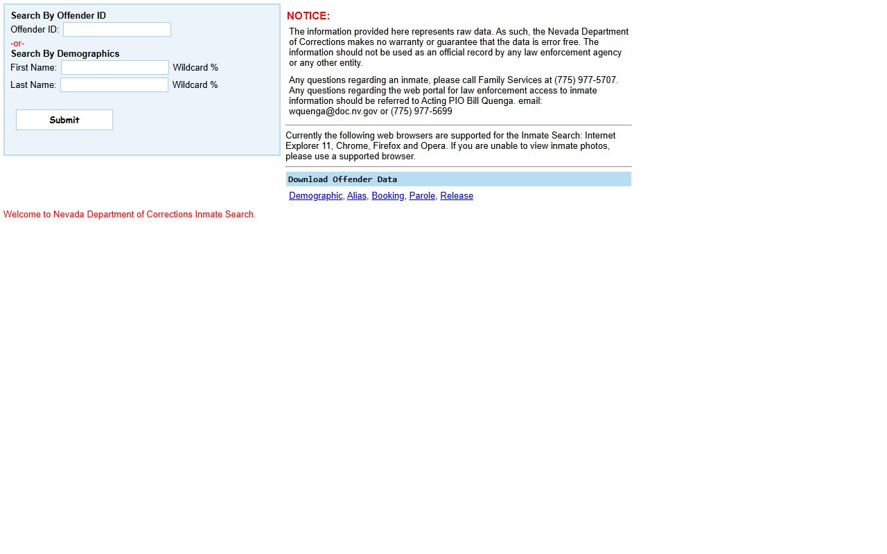 Nevada Department of Corrections inmate search fields