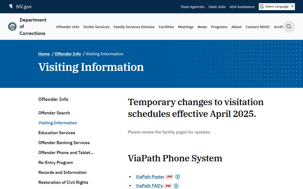 NDOC visiting information page for prison visitation