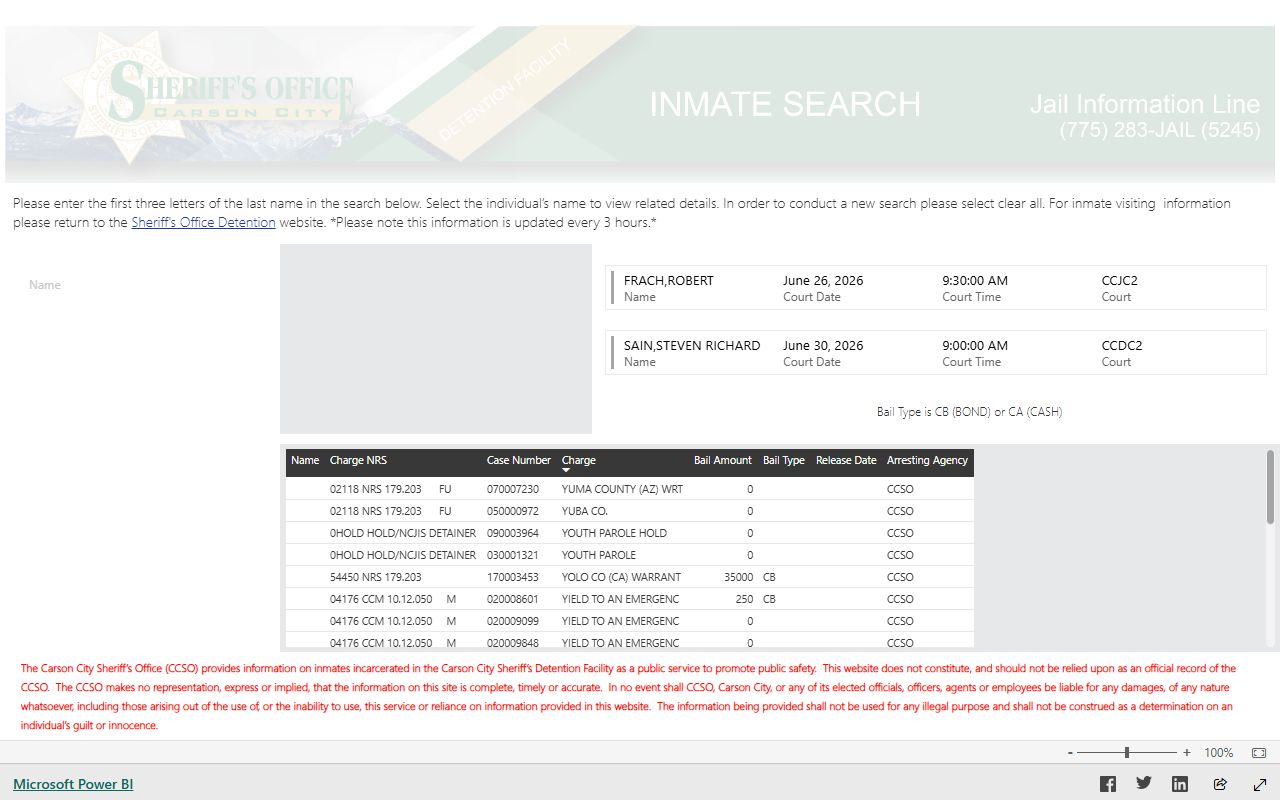 White Pine County inmate search Power BI portal